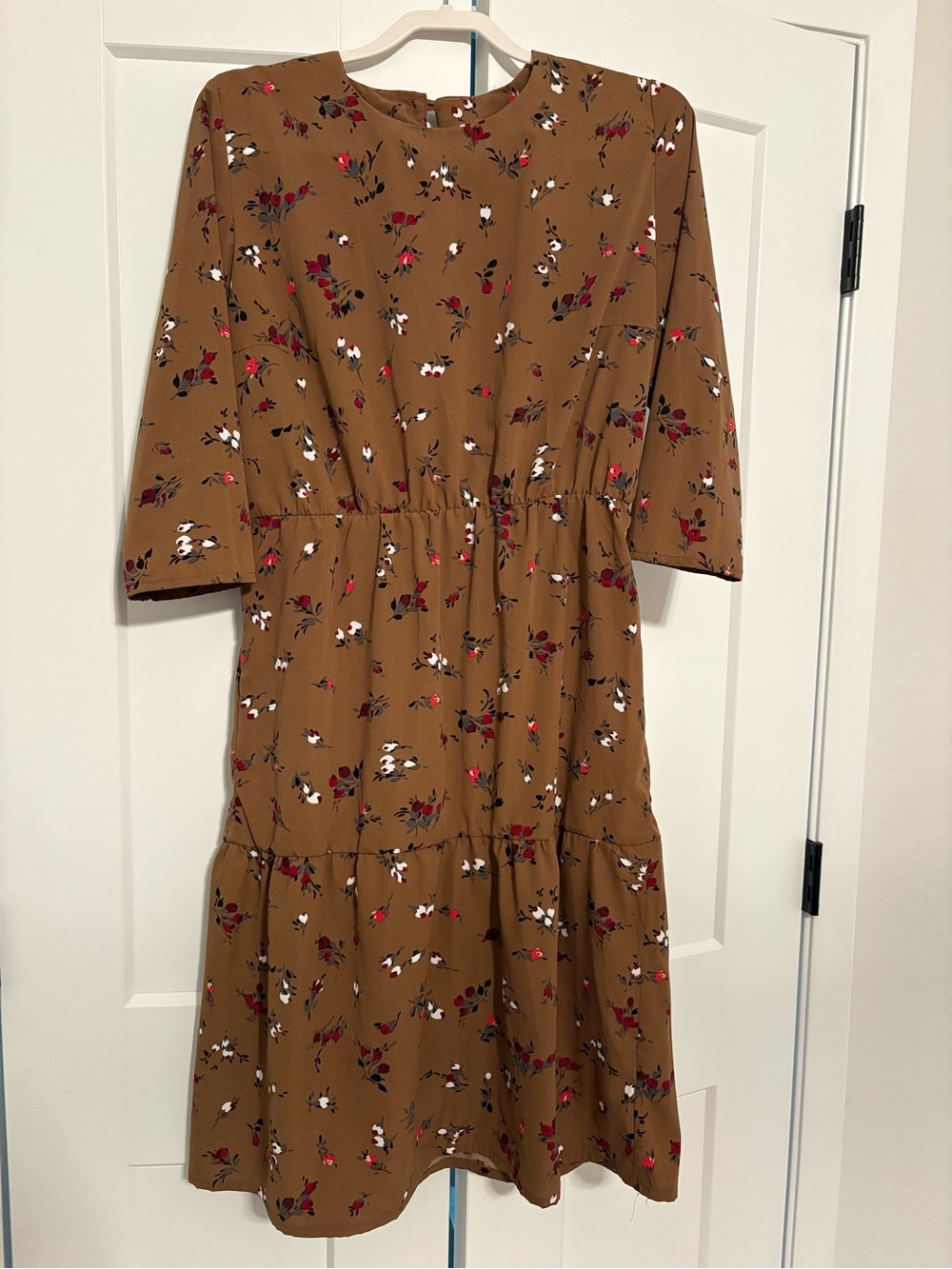 Tiered Floral Midi Dress in Camel with Red Accents - Picture 1 of 6